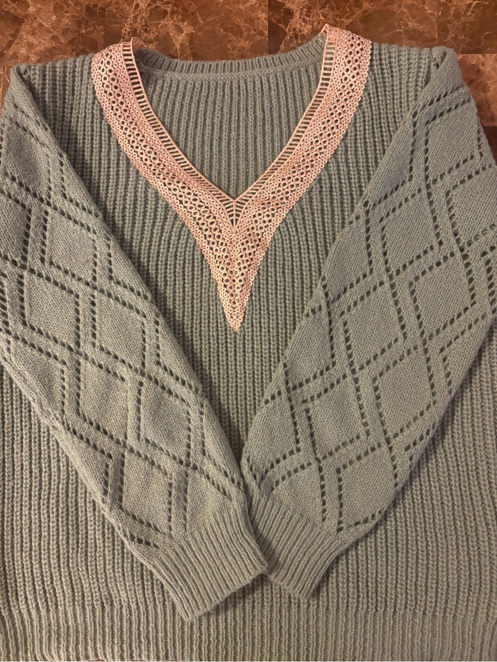 SHEIN Sage Green Knit V-Neck Sweater with Pink Lace Trim